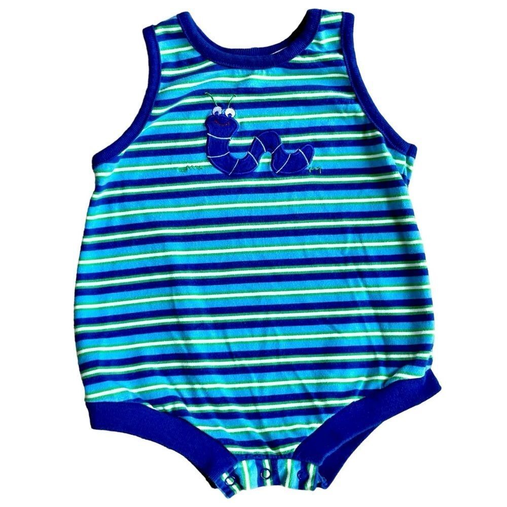 Tiny Tots VINTAGE Baby Sleeveless Striped Worm One Piece Bodysuit. 6-9 Months.